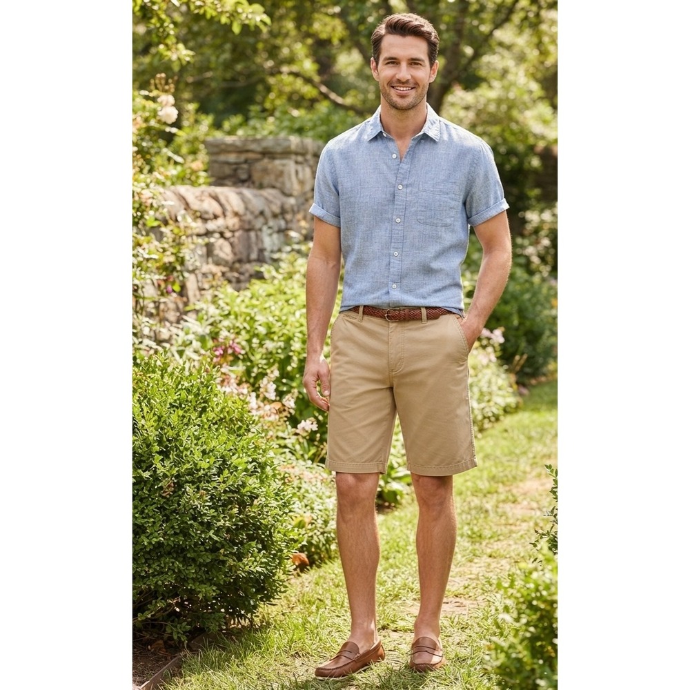 IZOD Saltwater Mens Chino Shorts Khaki Tan 100% Cotton Size 32x10.5 Flat Front